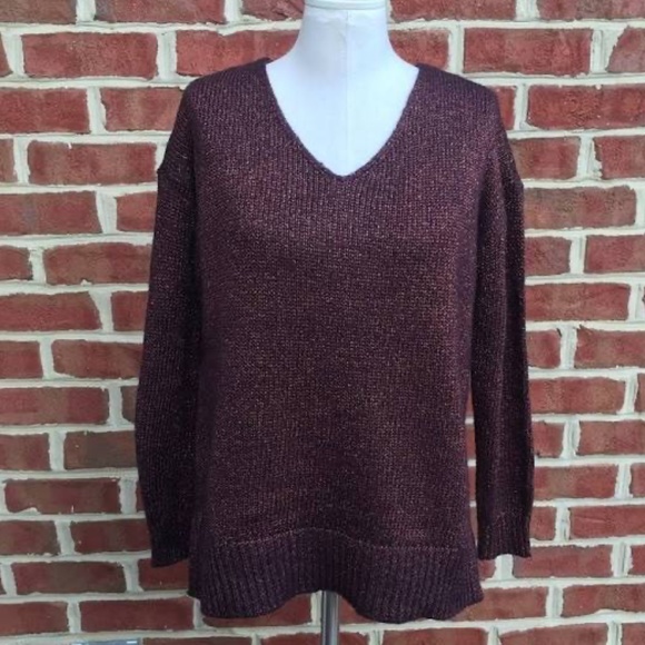LOFT Maroon shimmer V-neck sweater - Picture 1 of 3